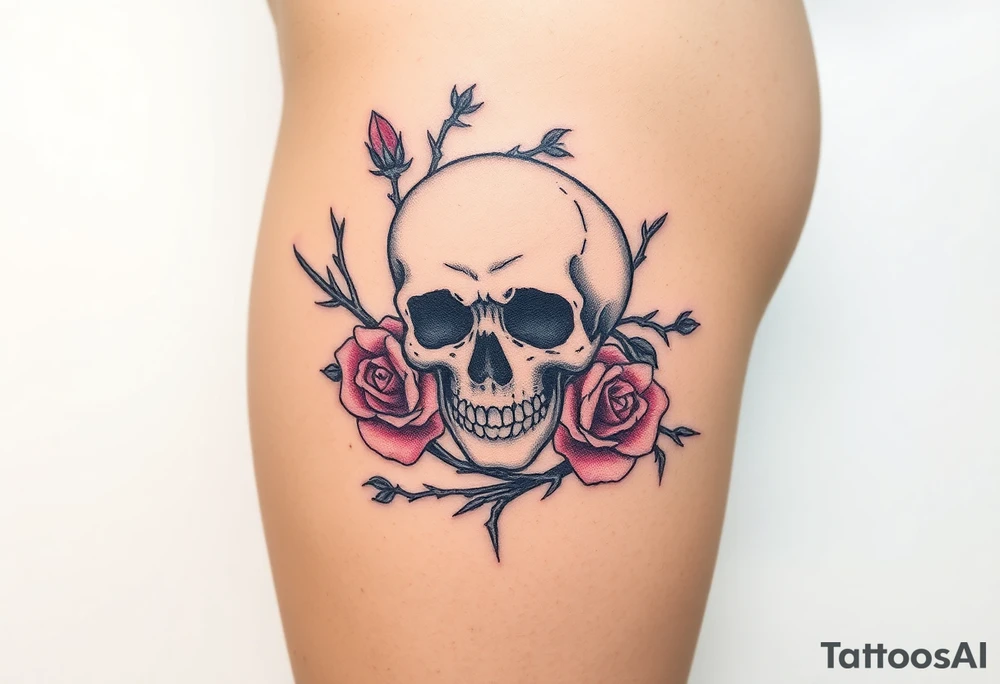 skull intertwined with roses and thorns tattoo idea