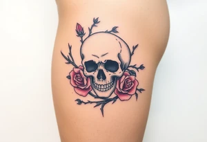 skull intertwined with roses and thorns tattoo idea