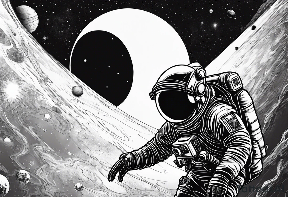an astronaut hunched over in space from the back holding a planet in his hands tattoo idea