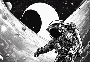 an astronaut hunched over in space from the back holding a planet in his hands tattoo idea