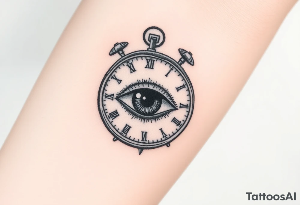A surreal clock with an eye in place of the dial, eyelids opening like doors, intricate detail, realistic shading, black and gray. tattoo idea