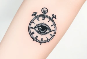 A surreal clock with an eye in place of the dial, eyelids opening like doors, intricate detail, realistic shading, black and gray. tattoo idea