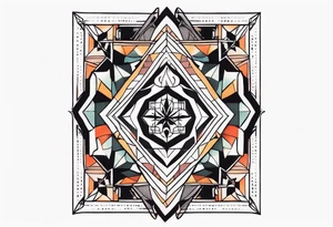 semi Detailed neo traditional knee tattoo flat on paper. The tattoo features geometric patterns and bold lines, creating a visually striking design with slight tints of deep fall colors tattoo idea