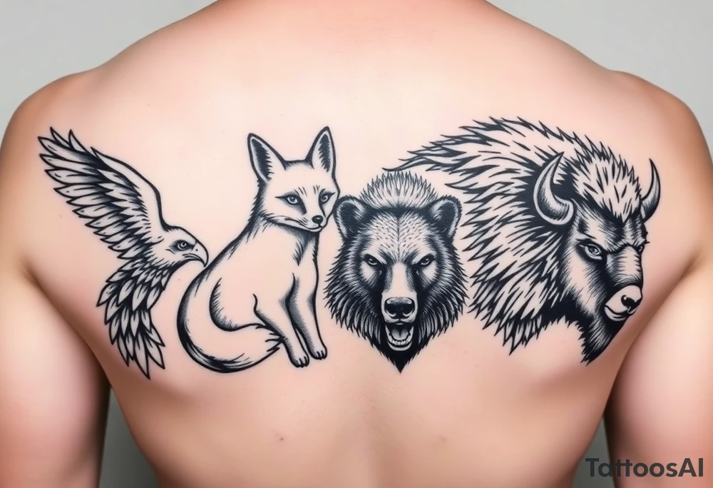 4 animals in a totem order, no space between them. An eagle, a fox, a bear and a bison. Black and white tattoo with fine clear but strong lines. It should show character and toughness. Light shadowing and pen/pencil type of illustration. 
It's for a group of siblings which will have the same tattoo (different order top to bottom) 

I said in a totem. tattoo idea