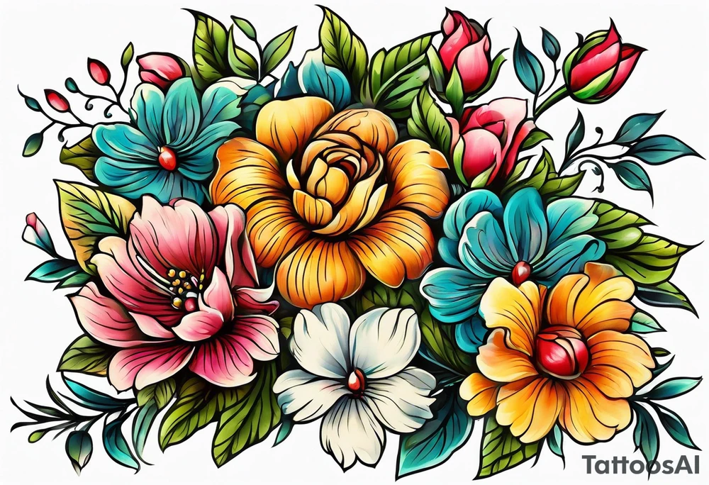 vintage colorful floral print tattoo idea