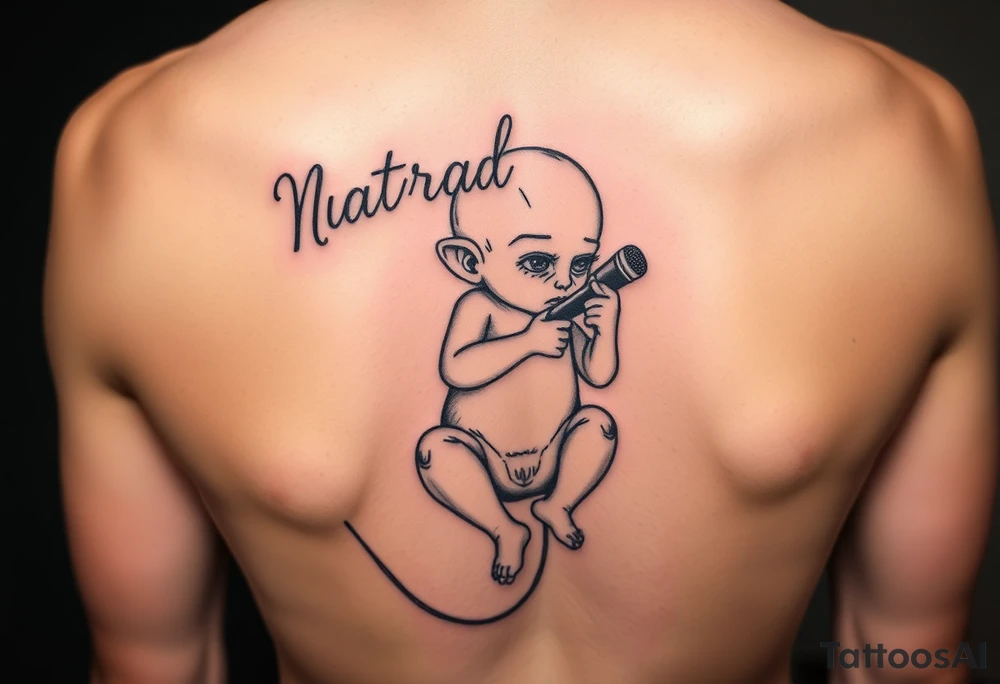 natural born talent written with an fetus holding a microphone tattoo idea