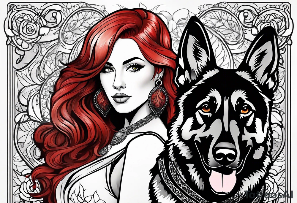 red hair woman with German shepherd dog tattoo idea