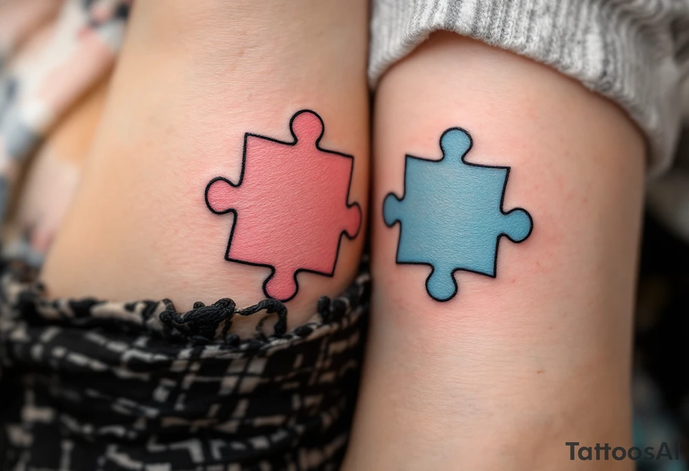 Interlocking puzzle pieces in soft pink and muted blue on the inner wrists symbolize how perfectly you fit together. tattoo idea