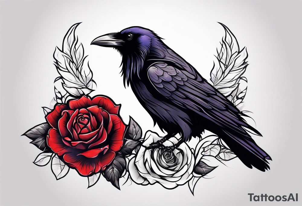 Raven facing forward with a rose underneath it tattoo idea