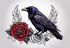 Raven facing forward with a rose underneath it tattoo idea