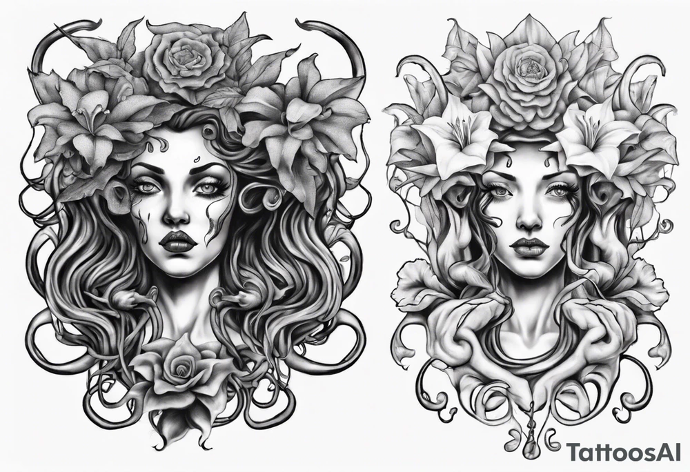 Medusa with no pupils and lilys tattoo idea