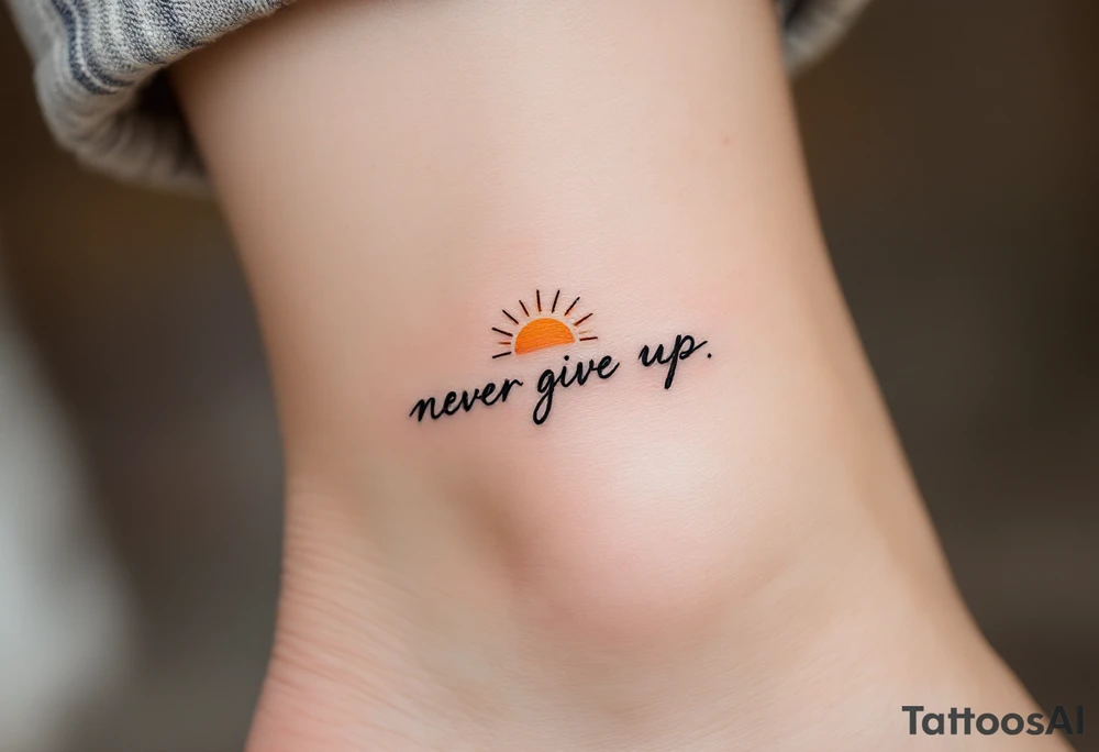 A minimalist black serif "never give up" beneath a small sunrise in warm orange and yellow tones. tattoo idea