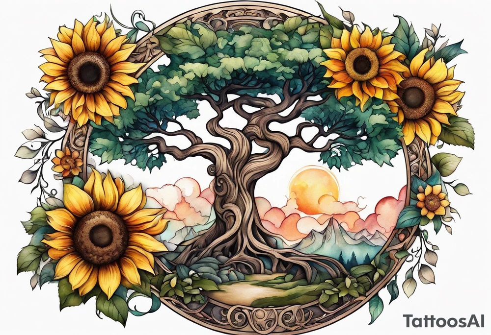 Feminine Yggdrasil tree with two sunflowers tattoo idea