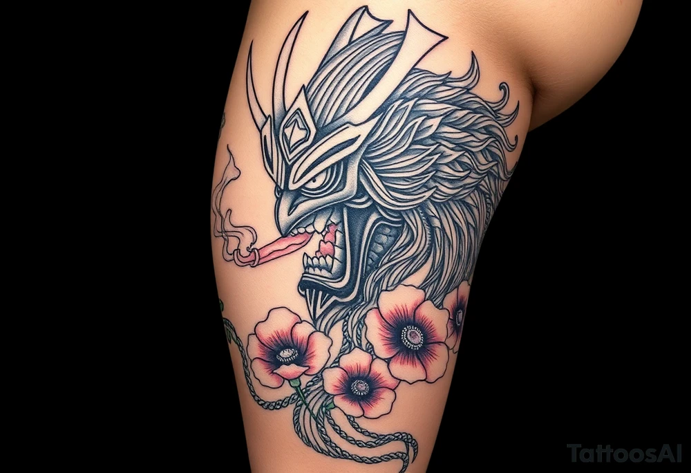 Ronin to cover the entire thigh with smoke coming out of its mouth with 11b tattooed under its left eye with 1 poppy on each side of the ronin tattoo idea