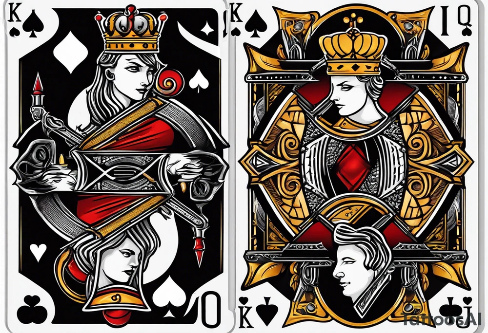 King, queen of spades cards with swords. Both cards together as a pair tattoo idea