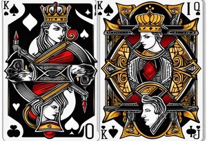 King, queen of spades cards with swords. Both cards together as a pair tattoo idea