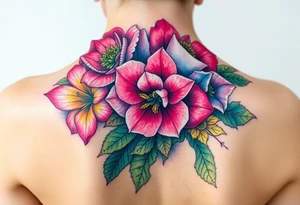 Coronation Astor Rose, Lily, Larkspur, watercolor flowers, middle of back clump together tattoo idea