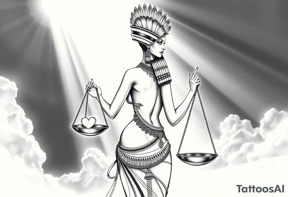 A sensual, curvaceous Egyptian goddess stands with her back slightly turned, accentuating her figure. She wears an elaborate ostrich feather headdress and ornate, intricate ancient Egyptian jewelry draped across her body. Her expression is mysterious and confident. In one hand, she holds the Scales of Justice: one side holds a radiant, glowing heart; the other, Ma’at’s feather. The scales themselves shimmer with an otherworldly light.
The background is a surreal, heavenly landscape filled with luminous clouds and beams of divine light piercing through, creating dramatic contrasts of deep shadows and highlights. The entire scene is bathed in an ethereal, mystical glow, with a dreamlike, almost supernatural atmosphere. tattoo idea