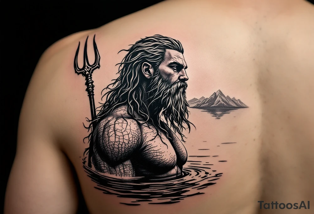 fit poseidon, with trident, in calm water, looking at the horizon tattoo idea