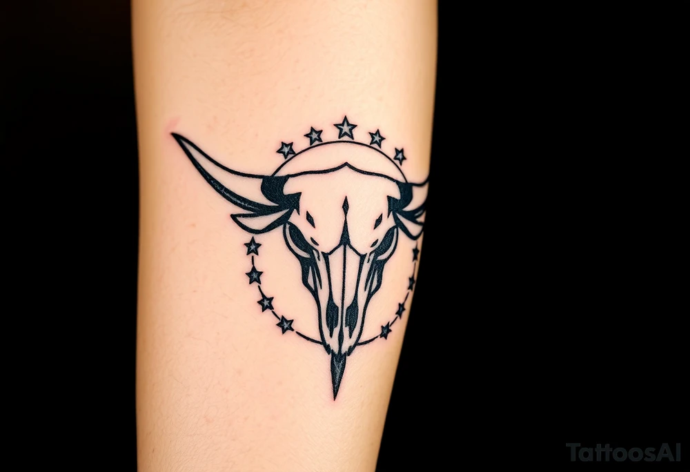 Longhorn skull Texas flag next to it with stars and circling it tattoo idea