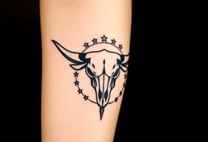 Longhorn skull Texas flag next to it with stars and circling it tattoo idea
