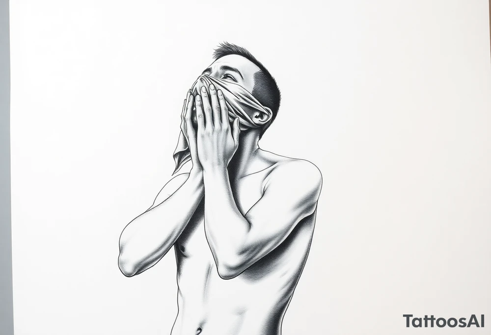 a naked man covering his eyes and mouth with a cloth with no emotions and looking up the sky tattoo idea
