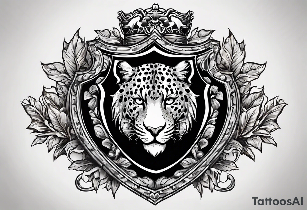 A shield with leopar head as shield's emblem. The shield would be hang on a ivy planted wall tattoo idea