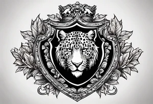 A shield with leopar head as shield's emblem. The shield would be hang on a ivy planted wall tattoo idea