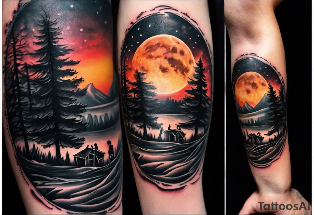 Tattoo of a family of four on a male forearm 
- dad, mom and two boys around a campfire.  Background is a sunset at the bottom, night at the top with a big beautiful moon. tattoo idea