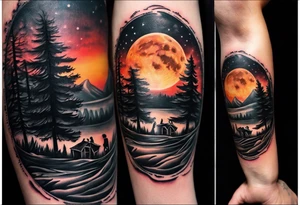Tattoo of a family of four on a male forearm 
- dad, mom and two boys around a campfire.  Background is a sunset at the bottom, night at the top with a big beautiful moon. tattoo idea