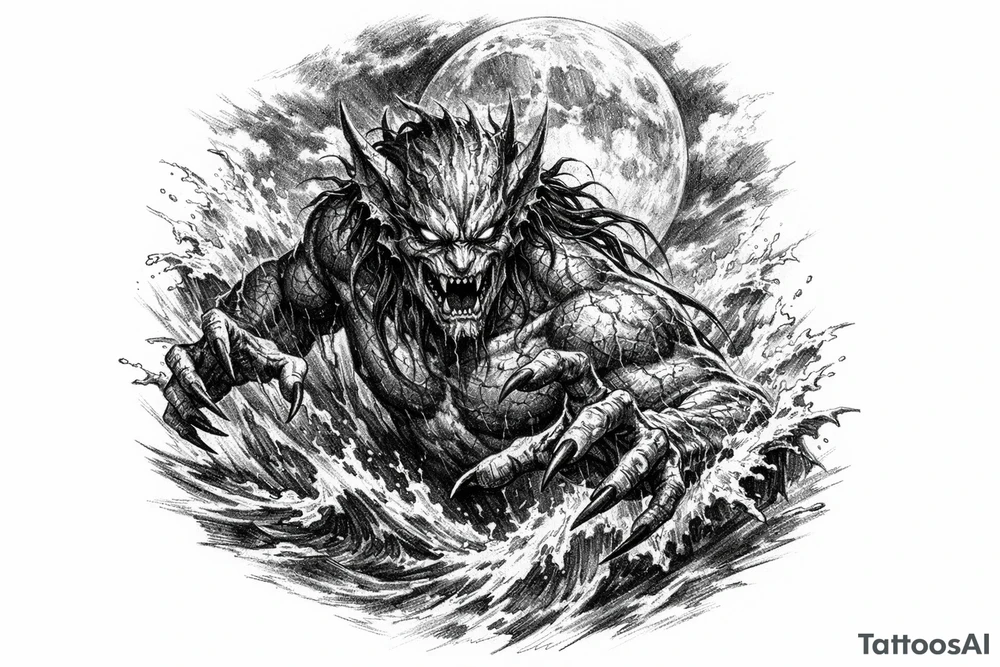 water-demon,waves,full moon. tattoo idea