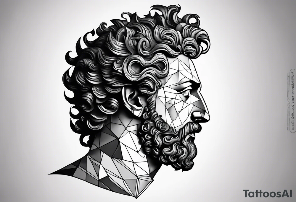 The Face of marcus aurelius with the lower left half missing. He is looking slightly away at 25 degrees. Geometric symbols framing the background tattoo idea