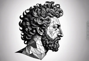 The Face of marcus aurelius with the lower left half missing. He is looking slightly away at 25 degrees. Geometric symbols framing the background tattoo idea