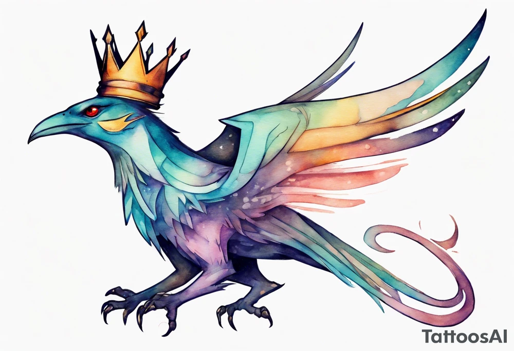 a bird-wyvern hybrid wearing a minimalist crown, flying tattoo idea