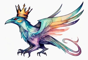 a bird-wyvern hybrid wearing a minimalist crown, flying tattoo idea
