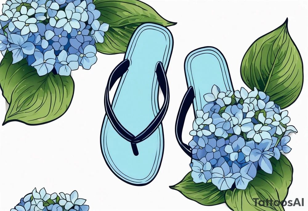 small tattoo of a pastel blue flip flop surrounded by blue and periwinkle hydrangea flowers with green leaves tattoo idea