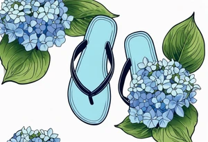 small tattoo of a pastel blue flip flop surrounded by blue and periwinkle hydrangea flowers with green leaves tattoo idea