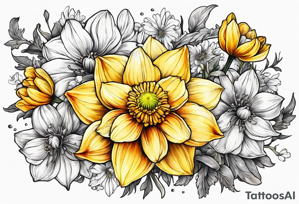Narcissus, Chrysanthemum, Cosmos, snow drop that shows all the flower stems in a bouquet for the back of the arm. tattoo idea