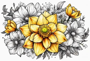 Narcissus, Chrysanthemum, Cosmos, snow drop that shows all the flower stems in a bouquet for the back of the arm. tattoo idea