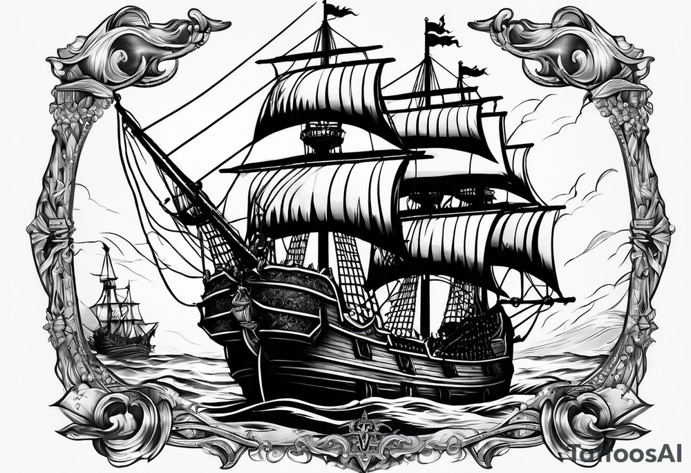 Queen Anne's Revenge pirate ship with captain Blackbeard tattoo idea