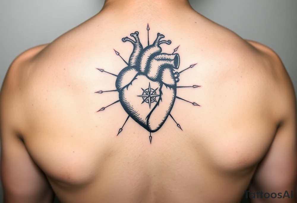 woodcut realistic heart etching tattoo high detail anatomy with lines coming off of it like a nautical compass tattoo idea