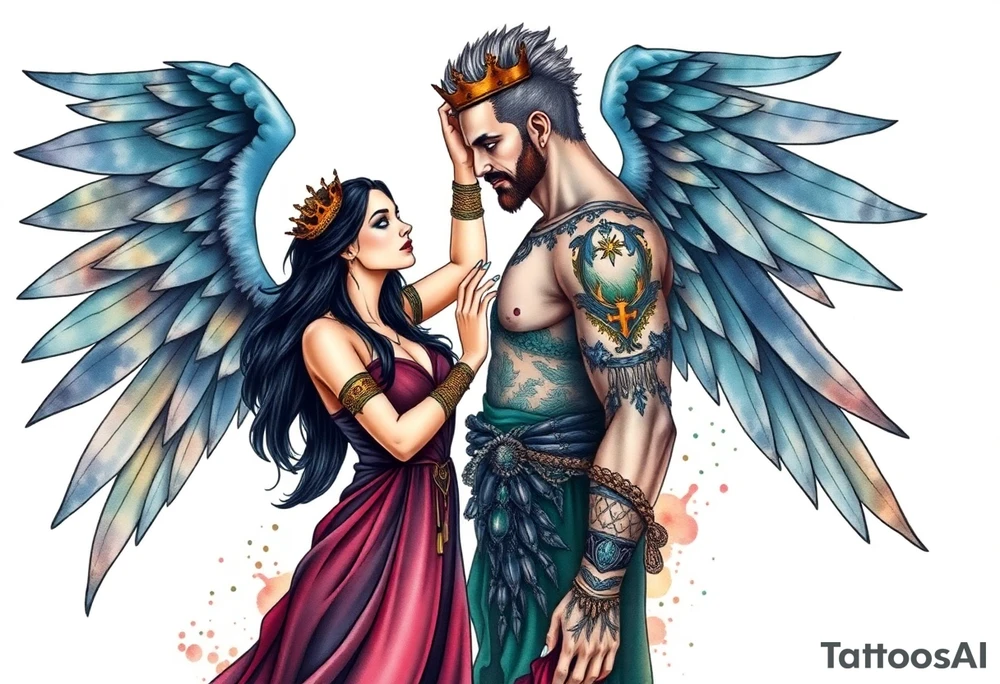 A Scorpio gypsy woman with wings like an angel and long black hair and green eyes placing a kings crown on a tall man with grey short spiked hair and blue eyes. She is wearing a long flowing dress tattoo idea
