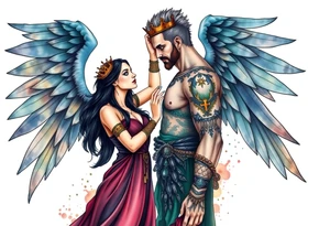 A Scorpio gypsy woman with wings like an angel and long black hair and green eyes placing a kings crown on a tall man with grey short spiked hair and blue eyes. She is wearing a long flowing dress tattoo idea