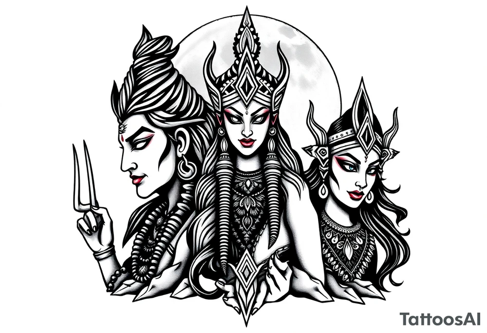 Lord Shiva, Godess Kali, Godess Lilith Together with the moon in the background tattoo idea