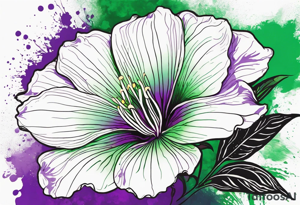 An outline of a rio dipladenia flower with a mystical green/purple watercolor splash in the background tattoo idea