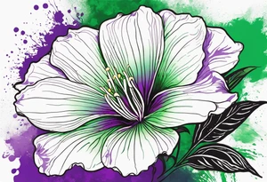 An outline of a rio dipladenia flower with a mystical green/purple watercolor splash in the background tattoo idea
