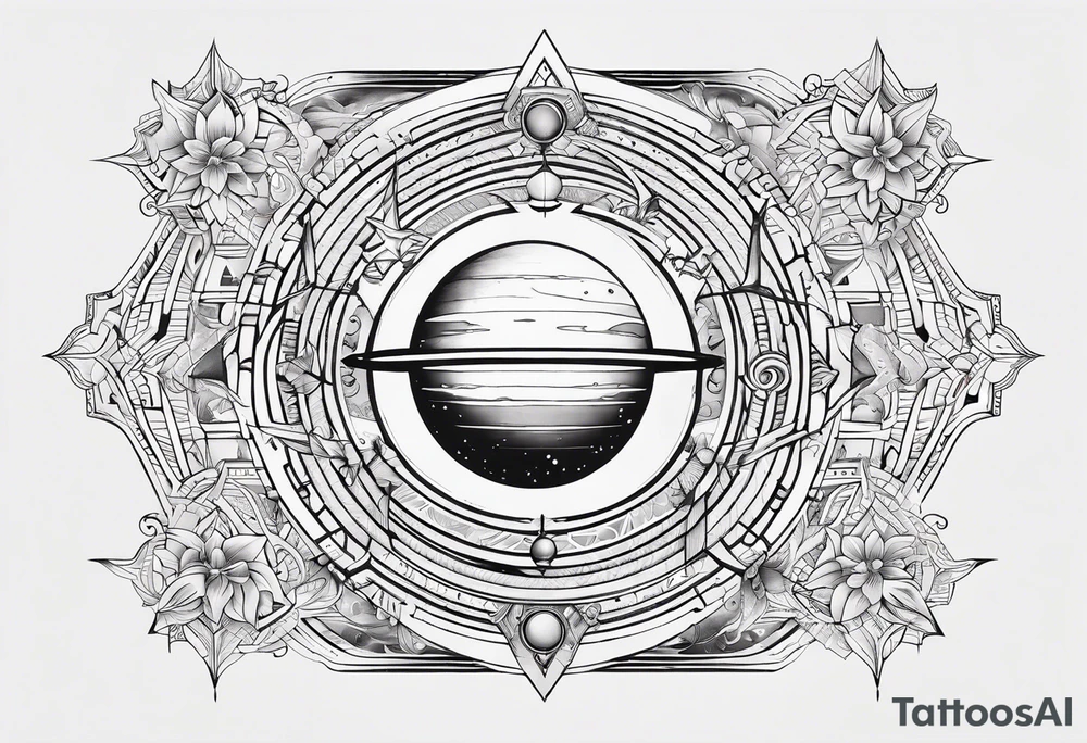 A tattoo with Saturn at the center surrounded by intricate linguistic symbols, reflecting the client's interests in cosmology and linguistics. tattoo idea