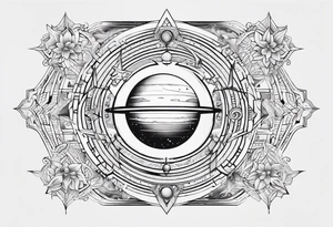 A tattoo with Saturn at the center surrounded by intricate linguistic symbols, reflecting the client's interests in cosmology and linguistics. tattoo idea