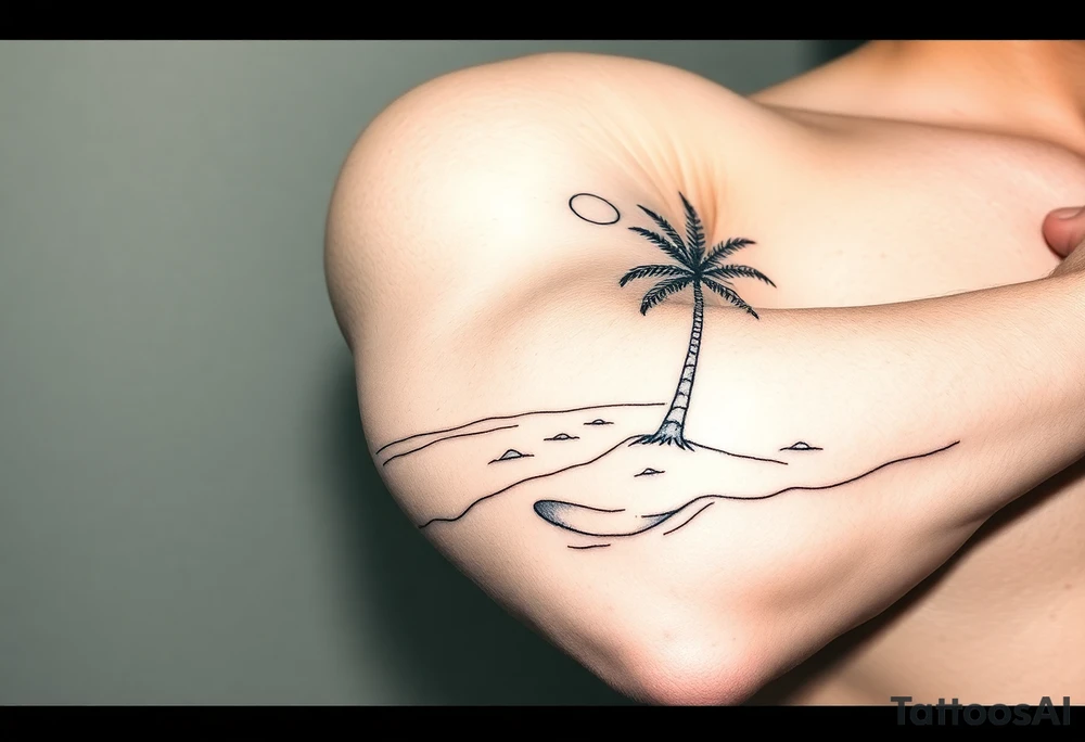 fine line, peaceful, serene, timeless, ocean, sand, palm tree, sun tattoo idea