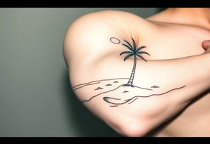 fine line, peaceful, serene, timeless, ocean, sand, palm tree, sun tattoo idea